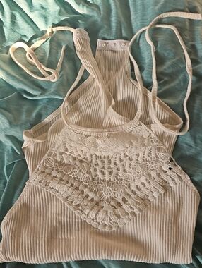 SHEIN Cream Crochet-Front Ribbed Halter Camisole